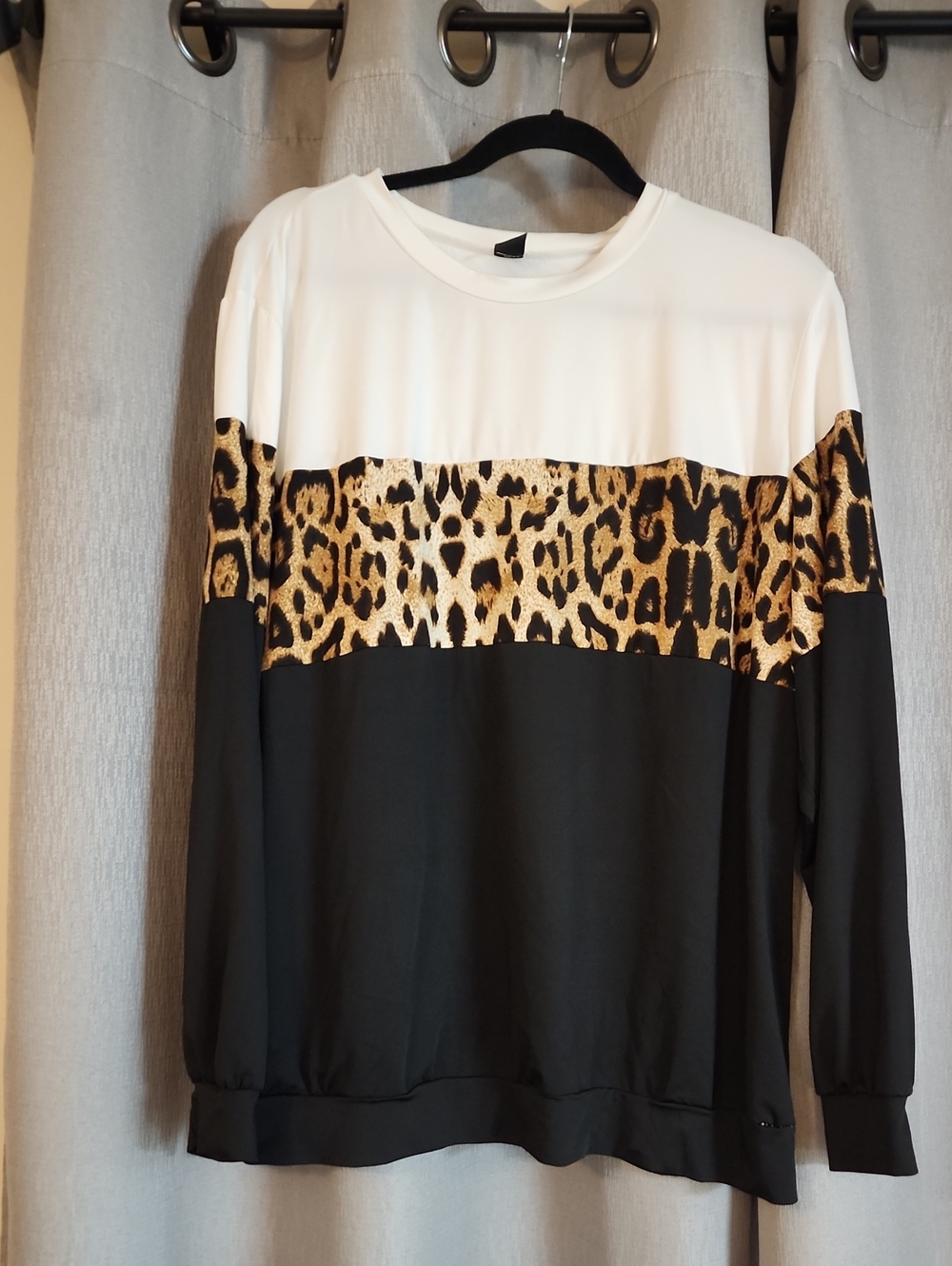 SHEIN White, Black & Leopard Colorblock Long Sleeve Shirt
